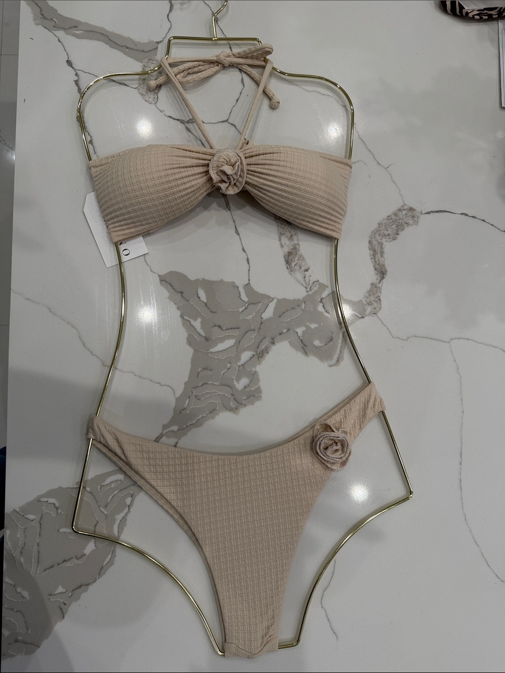 Textured Bandeau Bikini Set with Rosette Detail - Beige NWT